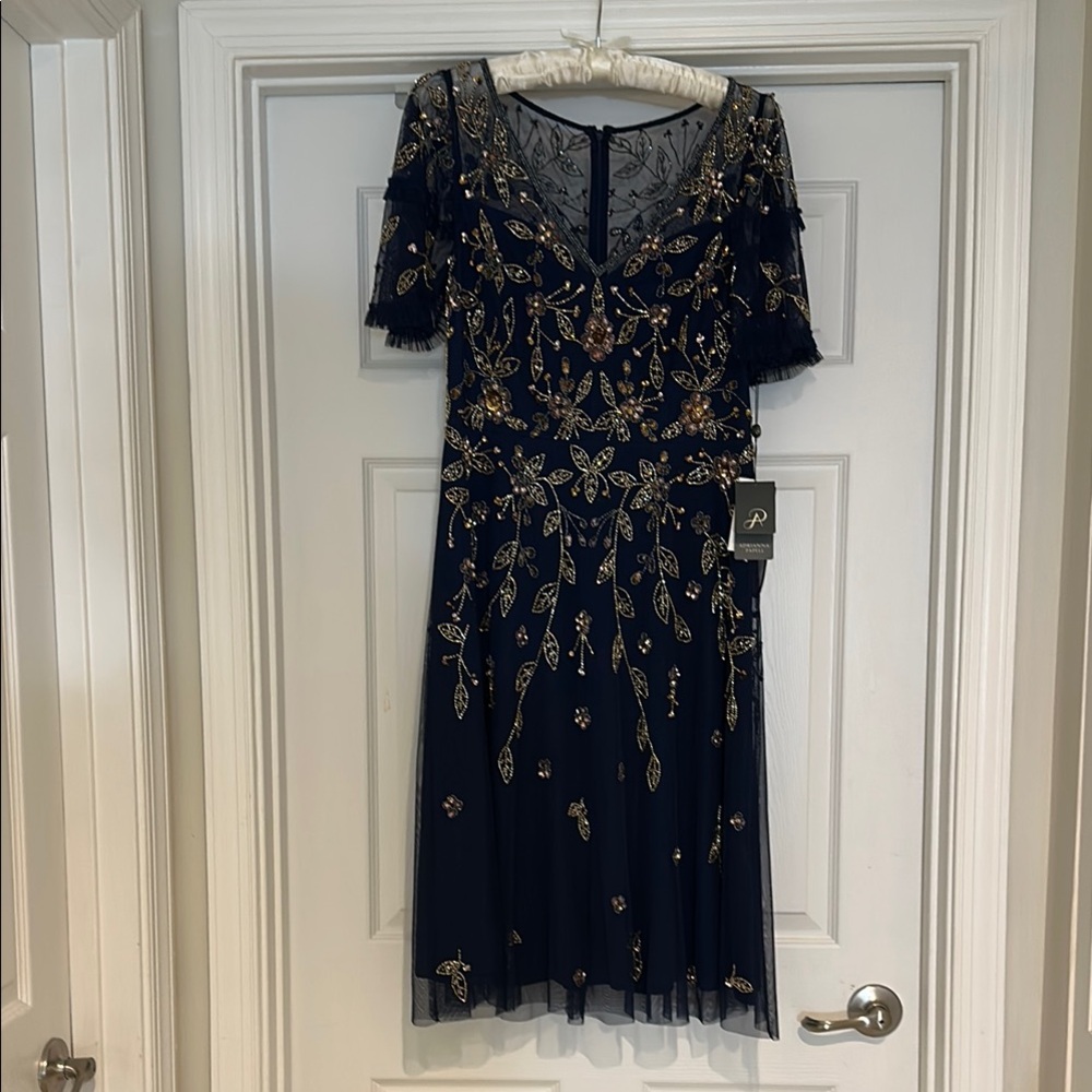 Adrianna Papell Navy Blue Midi Dress with Flutter Sleeves